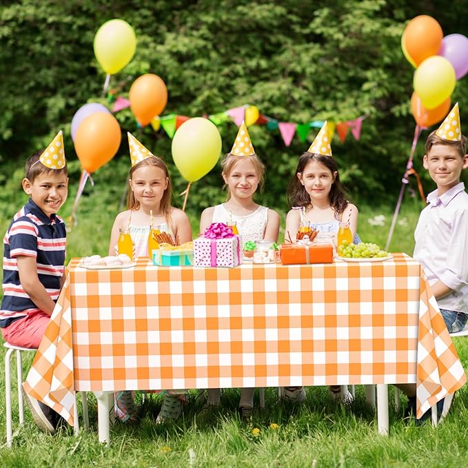 WNINK 3 Pack Orange and White Checkered Rectangular Plastic Tablecloths, Orange Gingham Waterproof Disposable Table Covers 54" x 108" for Birthday, Wedding, Outdoor Picnic Camping Parties