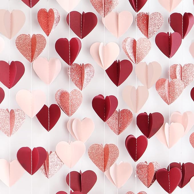 Rose-Gold Pink Burgundy-Red 3D-Heart Garland - 39Ft Party Decorations Hanging Paper Streamers Banner,Engagement Wedding Bachelorette Baby Bridal Shower Decor Ouruola