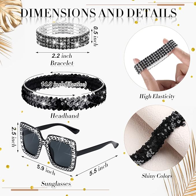 Sasylvia 5 Pcs 70s Disco Accessories Halloween Women Costume Jewelry Sequin Scarf Earrings Sunglasses Bracelet Headband