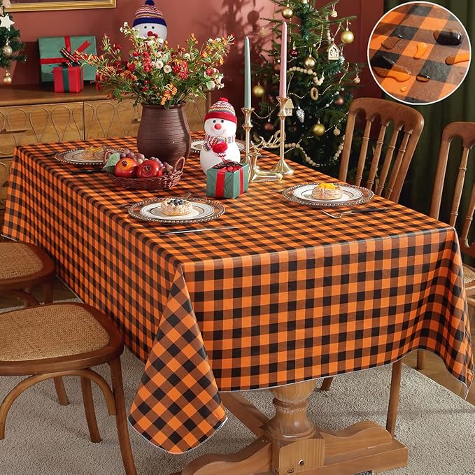 Buffalo Plaid Vinyl Thanksgiving Tablecloth Rectangle 52x70 Inch with Flannel Backing Waterproof Table Cloth Checkered Plastic Table Cover for Fall Halloween, Harvest, Dining Party, Orange and Black