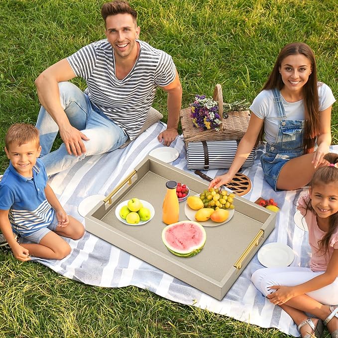 Champagne Faux Leather Serving Tray with Handles,17x12 inches, Large Decorative Tray for Ottoman Coffee Table Decor Living Room, Kitchen, Bathroom