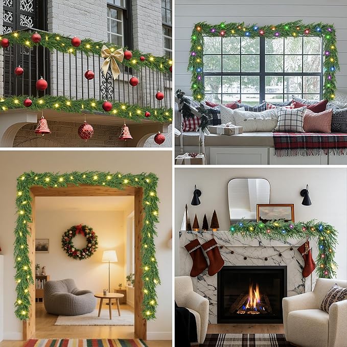 2 Pcs Prelit Christmas Norfolk Pine Garland with Lights, 6FT Battery Operated Real Touch Artificial Green Garlands for Table, Mantle, Stairs, Fireplace, Indoor & Outdoor Xmas Decorations