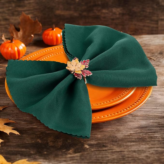 12 Pcs Fall Thanksgiving Cloth Napkin and Maple Leaves Napkin Ring Holder Buckles with Rhinestones Set for Harvest Season Thanksgiving Autumn Party Table Decorations (6 Colors)