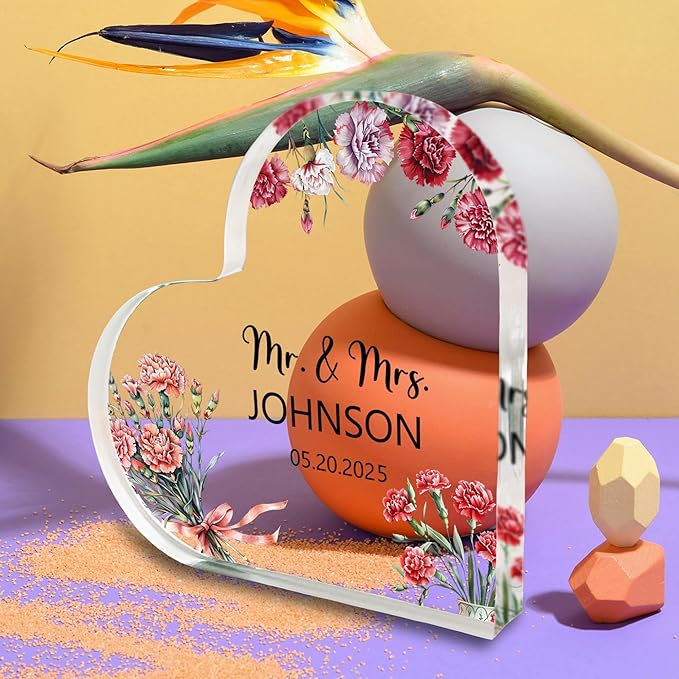 Custom Wedding Heart Acrylic Plaque,Mr & Mrs Cake Topper,Personalized Wedding Keepsake/Gift/Sign (Style 5)