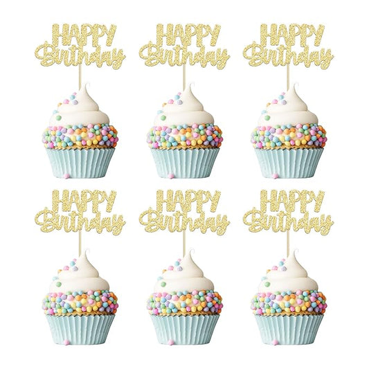 Gyufise 24 Pcs Happy Birthday Cupcake Toppers - Gold Glitter Celebrating Cake Picks - Baby Shower & Kids Party Decoration Supplies