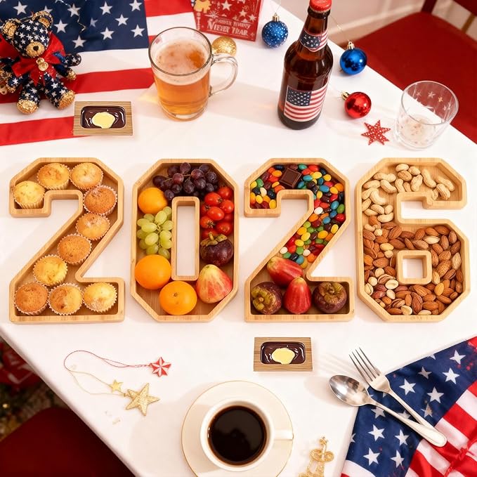6 Packs 2026 Charcuterie Numbers Letter Board Bamboo Food Serving Trays Wooden Serving Platter for Fruit Vegetable Cupcake Cheese Plates with 2 Sauce Dishes for New Year, Graduation Party Tabletop
