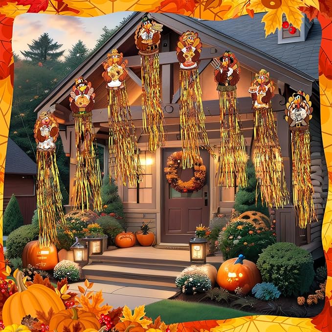 8 Pcs Fall Thanksgiving Turkey Outdoor Hanging Decorations with Tassels Harvest Yard Decoration Windsocks for Outside 3.3ft Signs for Wall Tree Home Lawn Yard Party Supplies Garden Decor