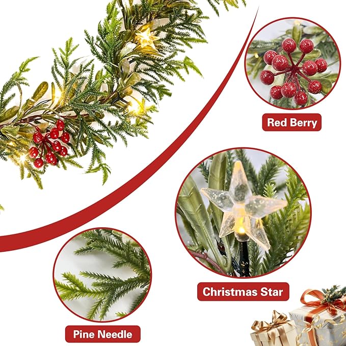 Flopttsu 6FT Prelit Christmas Pine Garland, Artifical Greenery Garland Realistic with Battery Operated Timer,Gold Vines for Mantle Staircase Fireplace Window Ourdoor
