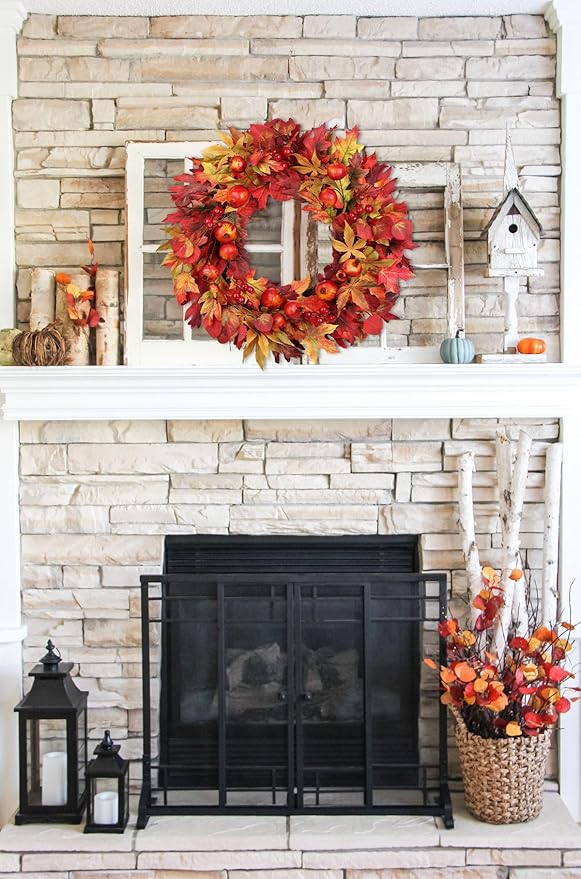 Briful 24 Inch Fall Wreaths for Front Door Artificial Autumn Maple Leaf Wreath with Red Berries & Pomegranate Outdoor Fake Hanging Wreath for Harvest Thanksgiving Home Mantle Window Porch Decor