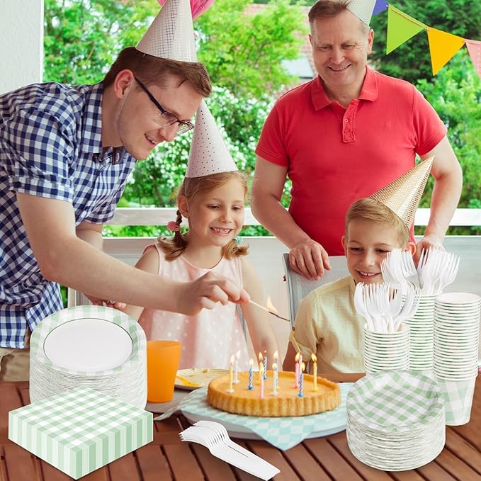 Sage Green Gingham Disposable Plates and Napkins Party Supplies, Green and White Tableware Set Green Plaid Paper Plates for Birthday Family Dinner Picnic BBQ Baby Shower Wedding Decor Serves 25