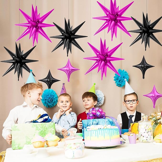 18 Pcs Black Pink Star Balloons, Hot Pink and Black Balloon with 6 Pcs 22-Inch Explosion Star Balloons 12Pcs 10-Inch Four Pointed Stars Foil Balloon for Bridal Shower Girls Birthday Party Decor