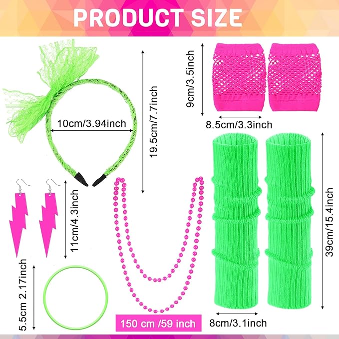 Handepo 19 Pcs 80s Costume Accessories Holographic Fanny Pack Leg Warmers Lace Headband Earrings Gloves Necklace Bracelet