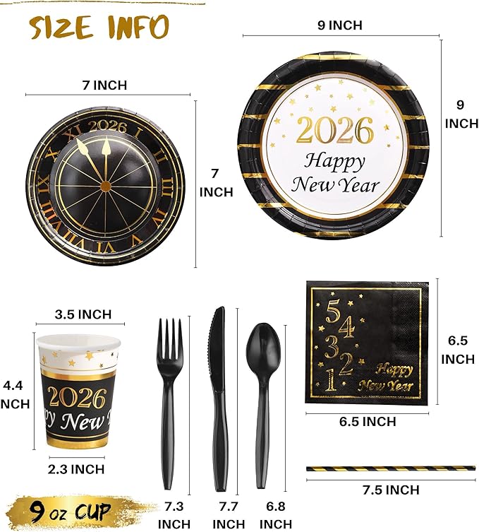 New Year Plates & Napkins Party Supplies - 2026 - Serves 16 - Happy New Year Eve Plates, Napkins, Cups, Cutlery, Straws NY Party Decorations Favors