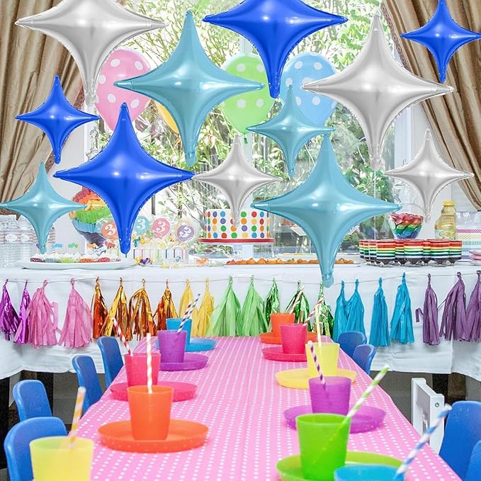 Blue Silver Star Balloons,12Pcs Four Angle Star Foil Balloons,26Inch and 10Inch Blue Silver Quadrangle Helium Balloon for Birthday Anniversary Party Decorations