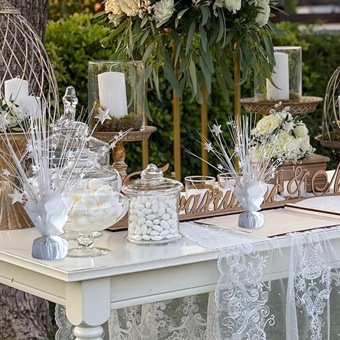12 Pack White Foil Spray Centerpieces Stars Brust Table Centerpieces for Wedding Birthday Anniversary Holiday Party Decor, White Star Balloon Wights for Party, Table Decor for Party