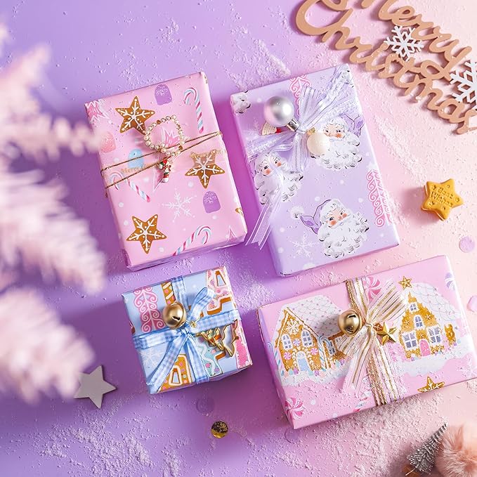 WRAPAHOLIC Christmas Wrapping Paper Set - Pastel Pink Purple Gingerbread House and Santa Wrapping Paper with Embossed Bundle with Gift Bow & Ribbon & Tag & Sticker