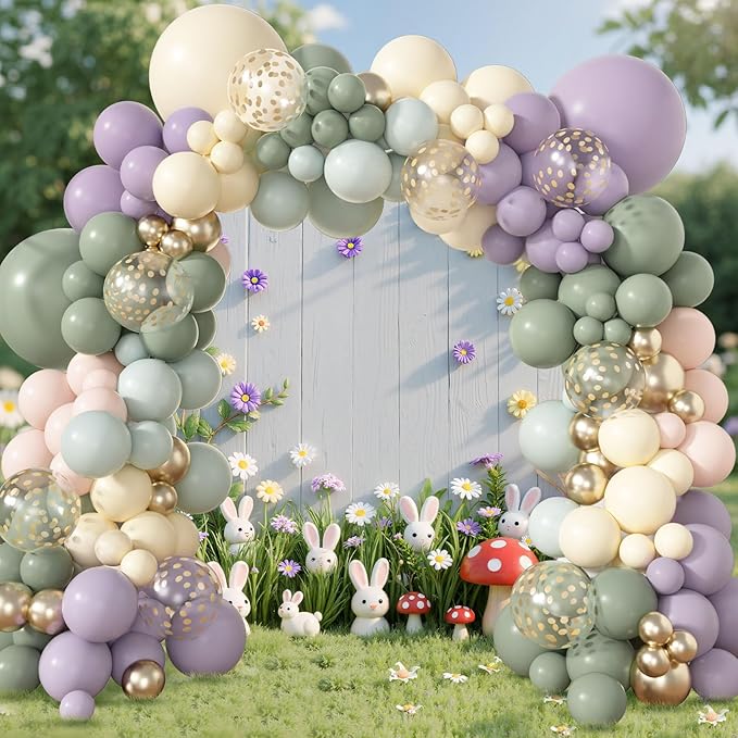 Amandir 173Pcs Dusty Green Purple Pink Balloon Arch Garland Kit, Lavender Pastel Blush Pink Yellow Mist Green Gold Confetti Balloons for Baby Shower Wedding Tea Wildflower Birthday Party Decorations