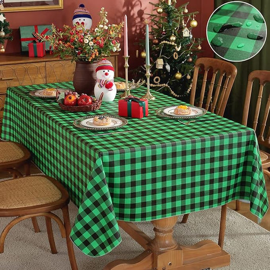 Buffalo Checkered Vinyl Christmas Tablecloth Rectangle 60 x 84 Inch with Flannel Backed, Waterproof & Stain Resistant Heavy Plastic Table Cover for Holiday, Party & Farmhouse, Green and Black