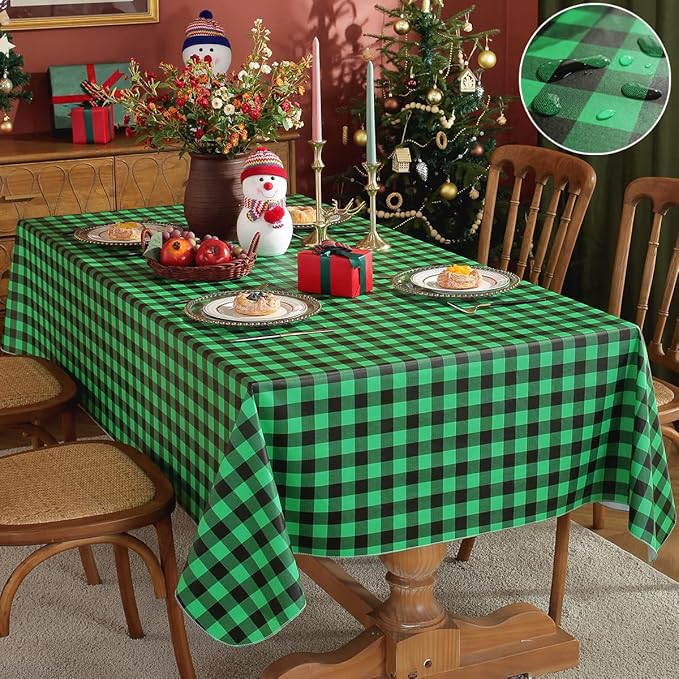 Christmas Tablecloth Rectangle Buffalo Plaid 60 x 102 Inch Vinyl with Flannel Backing, Waterproof & Non Slip Heavy Plastic Table Cover for Winter Holiday, Party, Indoor & Outdoor, Green and Black