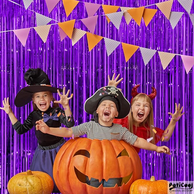 Purple Streamers Thicken 2 Pack 3.3 x 6.6 FT, Purple Tinsel Foil Fringe Curtains, Photo Booth Props Backdrops for Birthday, Halloween, Graduation Party Decorations