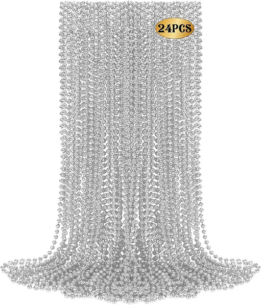 24 PCS Silver Beads Necklaces, Metallic Christmas Beaded Necklaces, 33" Round Xmas Beaded Mardi Gras, Parade Throw Accessories for Festive Event Carnival Party Supplies Masquerade