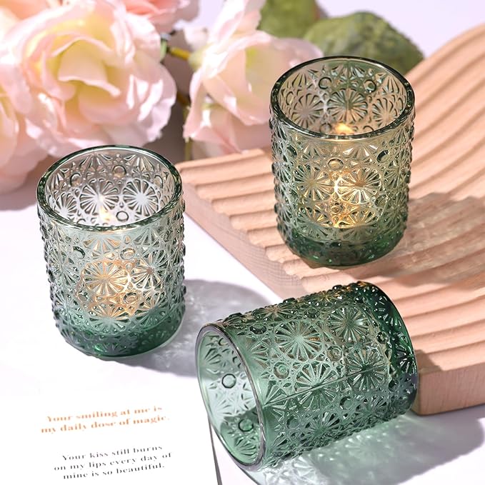 Green Votive Candle Holder Set of 12, Flower Tea Lights Candles Holders for Wedding Table Decor, Birthday Parties, Vintage Home Decor, Bridal Shower and Holiday Decorations