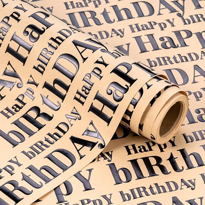 WRAPAHOLIC 3D Kraft Birthday Wrapping Paper Roll - Mini Roll - 17 Inch x 16.5 Feet - Black and Brown Happy Birthday Lettering Design with Embossed Perfect for Holiday, Party Celebration