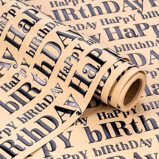 WRAPAHOLIC 3D Kraft Birthday Wrapping Paper Roll - Mini Roll - 17 Inch x 16.5 Feet - Black and Brown Happy Birthday Lettering Design with Embossed Perfect for Holiday, Party Celebration