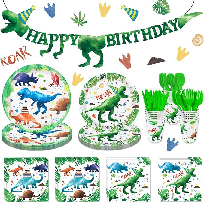 169 Pcs Watercolor Dinosaur Party Supplies Dinosaur Theme Birthday Party Decoration Includes Banner Plates Cups Napkins Knives Forks Spoons Tableware for Boys Birthday, Serves 24 Guests