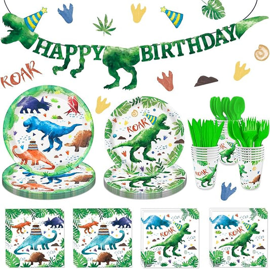 169 Pcs Watercolor Dinosaur Party Supplies Dinosaur Theme Birthday Party Decoration Includes Banner Plates Cups Napkins Knives Forks Spoons Tableware for Boys Birthday, Serves 24 Guests