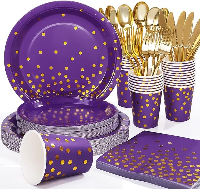 175Pcs Purple and Gold Party Decorations, Purple Plates and Cups and Napkins Sets, Gold Disposable Plates for Birthday Wedding Party Supplies, Serves 25