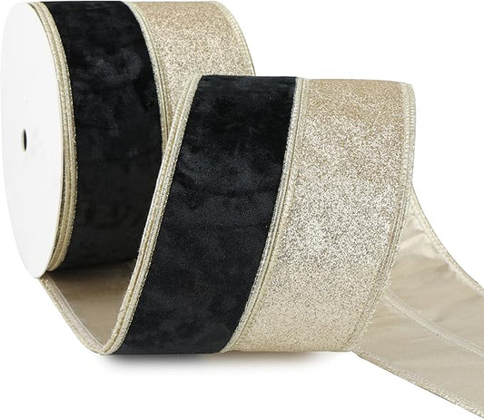 Black Velvet Wired Christmas Ribbon 4 Inch Extra Wide Thick Black and Gold Glitter Holiday Ribbon – 10-Yards Roll for Tree Decorations, Gift Wrapping, Wreaths, and DIY Crafts