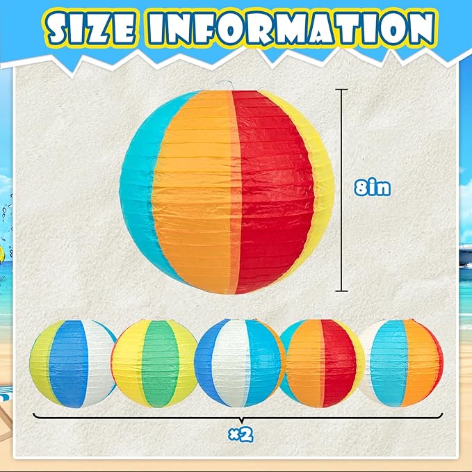 10Pcs 8" Pool Party Decorations Summer Decorations Beach Themed Decor Hanging Colored Paper Lanterns for Classroom Luau Birthday Home Room Office (8inch)