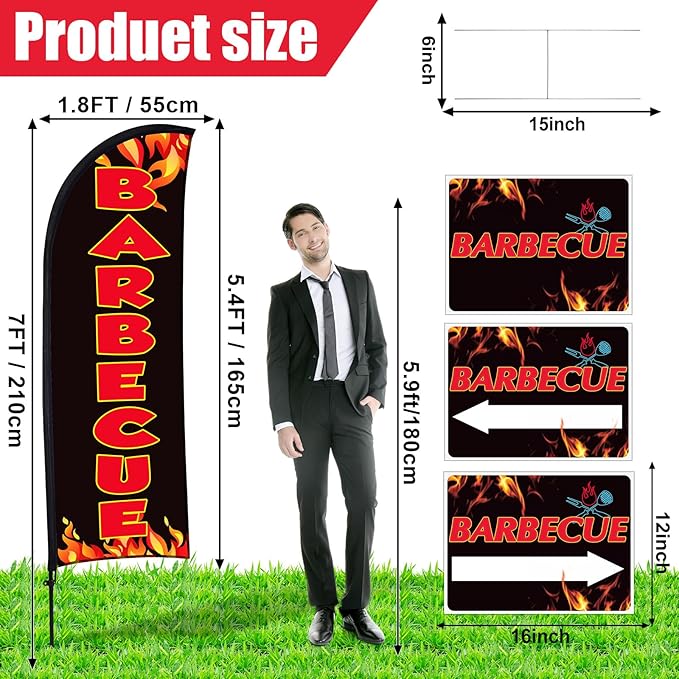 Buryeah BBQ Sign Banner Set Including 1 Pack Barbecue Feather Flag Banner 3 Pack Double Sided Directional Arrow Barbecue Yard Signs with Metal Stake for Business Advertising Outdoor Ground(Black)