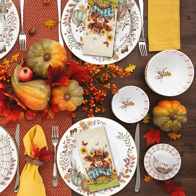 100 Pcs Highland Cow Napkins Fall Disposable Hand Towels for Bathroom Kitchen Cute Highland Cow Thanksgiving Decorative Napkins for Farmhouse Autumn Harvest Party Decor