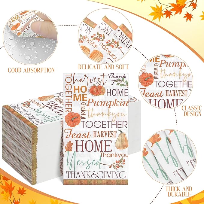 100pcs Fall Paper Napkins,Disposable Thanksgiving Guest Napkins Pumpkin Paper Hand Towels for Autumn Harvest Thanks Theme Party Table Home Kitchen Bathroom Decorations,7.9 * 4.3inch