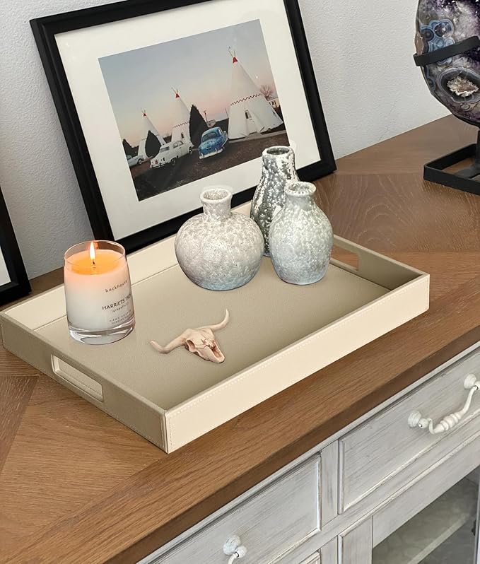 HofferRuffer Rectangle Serving Tray with Hole Handles for Coffee Table, Breakfast, Tea, Food, Butler - Countertop, Kitchen, Vanity Serve Tray, 16.2 x 12.2 x 2 inches, Faux Leather (Dark CreamWhite)