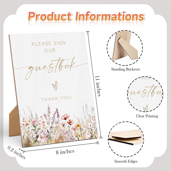 Floral Wedding Please Sign Our Guestbook Sign, Wedding Reception Table Decor, Reception Table Wooden Sign with Back Stand for Bridal Shower Parties, Engagement Night Accessories, Anniversary Party, 16