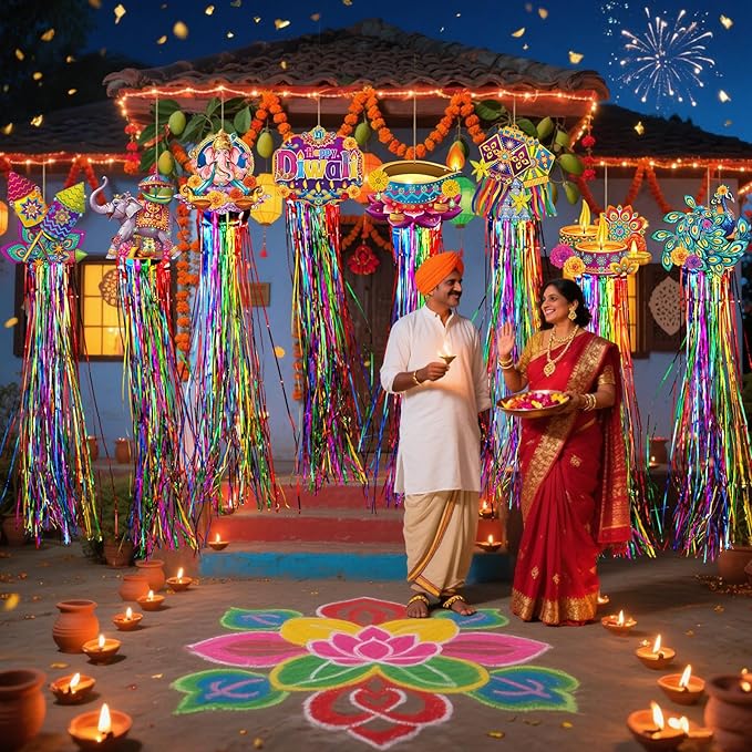 8 Pcs Diwali & Ganesh Chaturthi Outdoor Decorations with Tassels Diwali Yard Hanging Signs 3.3 ft Indian Festival Party Decorations with Ganesha Idol Peacock Lotus for Lawn Garden Decor