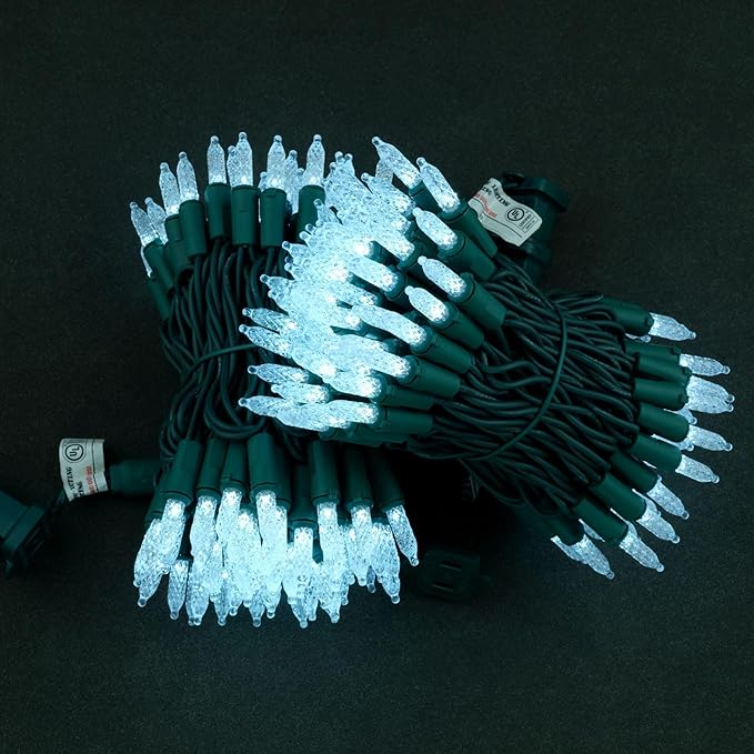 YULETIME Cool White Faceted LED Christmas Lights 200 Count 50 ft, Pack of 2 Strands 25 ft 100 Lights UL Certified Commercial Grade Green Wire Holiday String Light Set (Cool White)