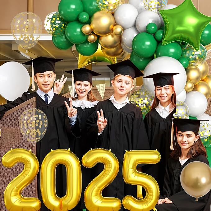 Green Gold White Balloons Arch Kit with Star Balloon Pennant Flag Bunting 2025 Foil Balloon Banner Green Gold Confetti Balloons Garland for Class of 2025 Graduation Theme Birthday Party Supplies