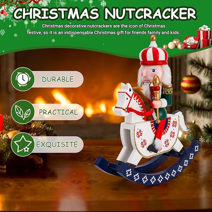 11" Wooden Rocking Horse Soldier Nutcracker, Festive Christmas Decoration, Handcrafted Nutcracker Collectible Christmas Decor for Tabletop, Shelves, and Fireplace Mantel