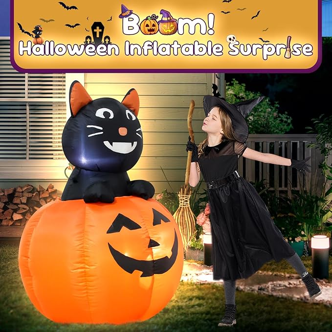 4FT Black Cat Halloween Pumpkin Inflatable Decoration Blow up Decoration with LED Lights Indoor Outdoor Yard Graden Holiday Party Decor