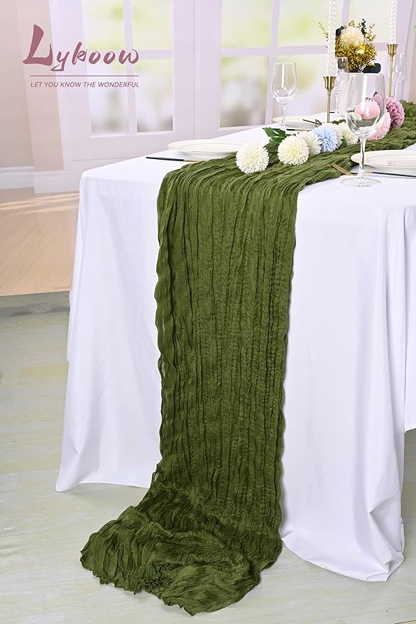 10 Packs Cheesecloth Table Runner Olive Green, 10Ft x 35" Army Green Rustic Gauze Boho Wedding Table Runner Decoration