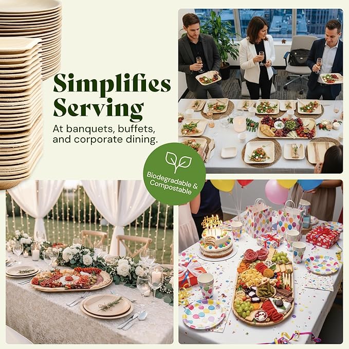 Chic Leaf All Natural Compostable & Disposable Rectangular 14" Round Palm Leaf Tray for Parties, Charcuterie Board, Catering & Weddings - Palm Leaf Platter Party Plates, Thanksgiving Dinner (20 pc)