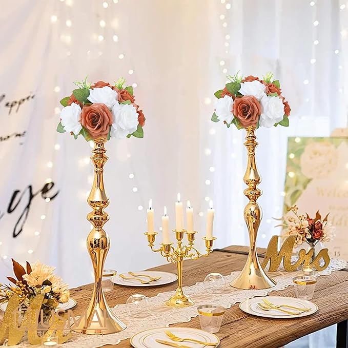 Artificial Flowers Ball 4 Pcs - Burnt Orange White Wedding Centerpiece for Table Decorations and Flower Arrangements