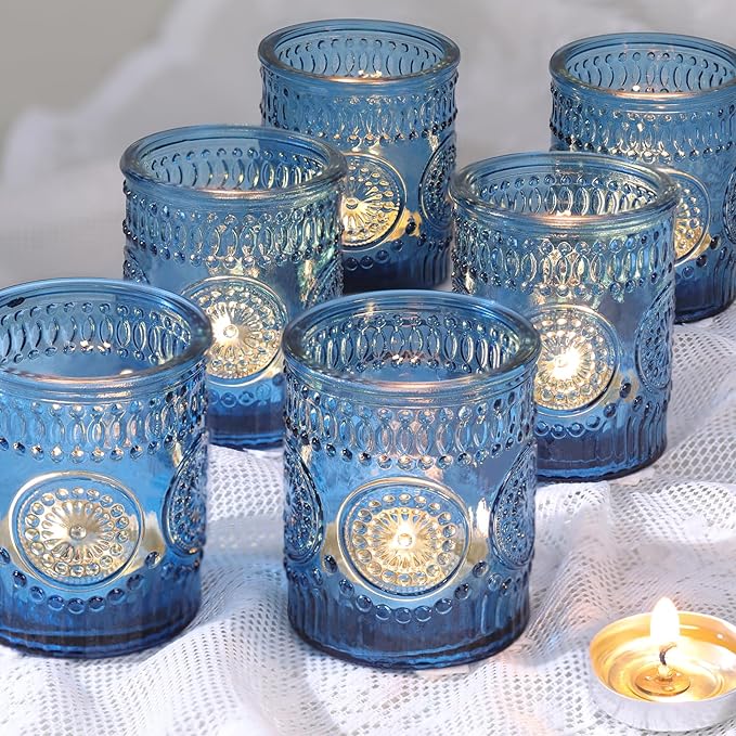 Blue Votive Candle Holder Set of 12, Glass Tea Lights Candle Holders for Wedding Table Centerpieces, Birthday Parties, Home Decor and Holiday Decor