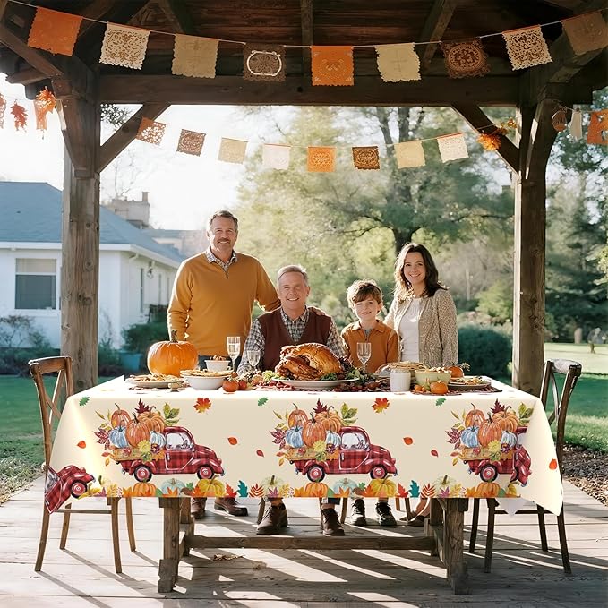 3Pcs Fall Pumpkin Truck Tablecloth, 54 x 108 Inch Thanksgiving Harvest Plastic Table Cover, Disposable Autumn Maple Leaf Table Cloth for Farmhouse Thanksgiving Fall Party Decorations