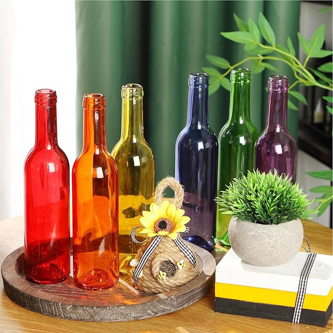 Rtteri 12 Pcs Decorative Colored Wine Bottles 375ml Empty Glass Bottles for Flowers Wedding Decor Centerpiece Christmas Party Favor DIY Crafts (Multicolor)