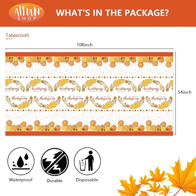 ATFUNSHOP Thanksgiving Tablecloth 2 Pack 54" X 108" Disposable Fall Table Cover Party Supplies Pumpkins Autumn Leaves Water Proof Plastic Table Cloth for Thanksgiving Decoration Dinner Party